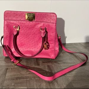 Hot Pink Ostrich Print Leather MK Tote with Gold Accents